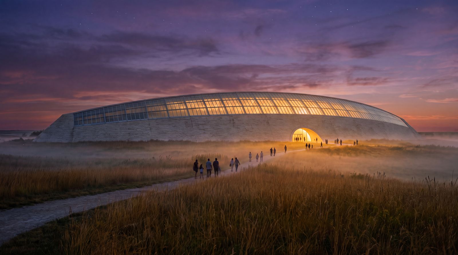 Dusk on the plains: a long building of pale stone and glass glows from within, and people walk a path through tall grass toward its lit door.
