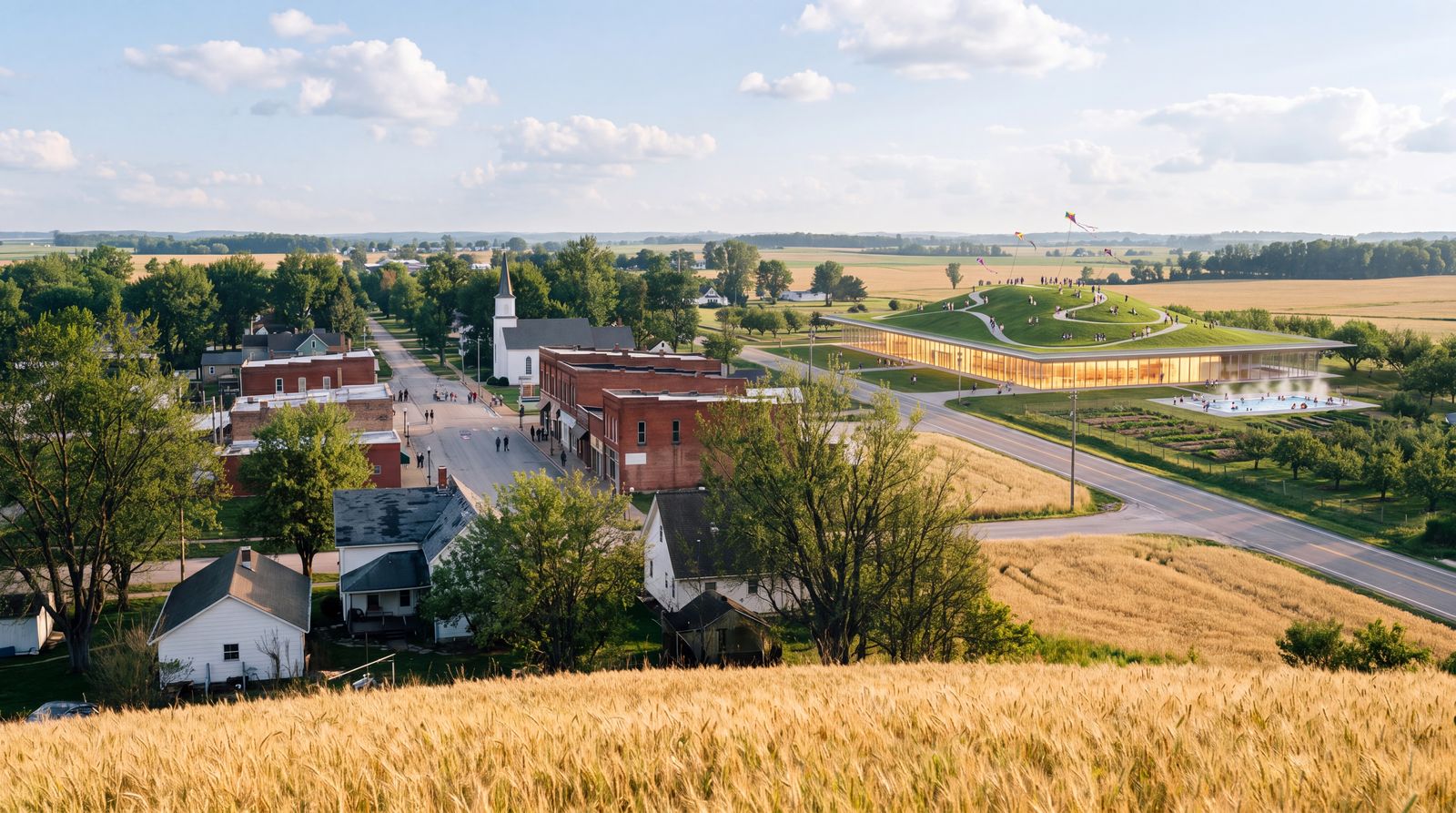 The same town in summer: the roof is a green hill the town climbs, with a pool beside the glass hall and wheat in the foreground.